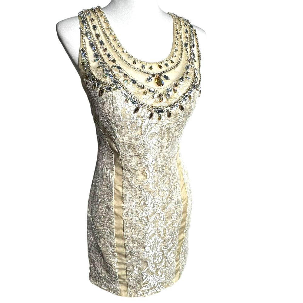RACHEL‎ ALLAN Size 6 Hand Beaded Champagne Ivory Cocktail Dress Prom Formal Gown